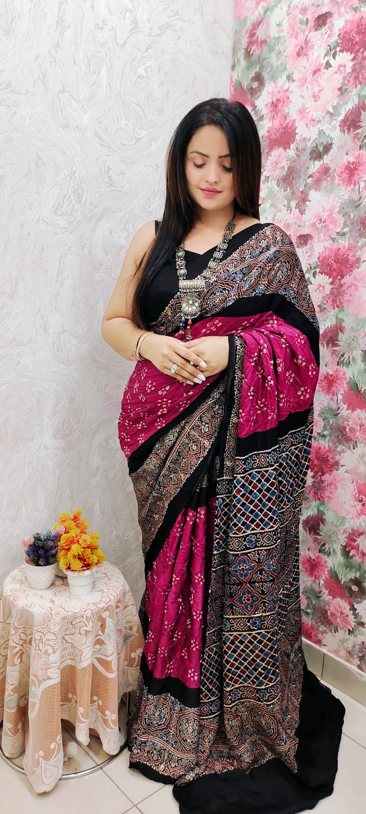Ajrakh Modal Silk Saree & Natural Dyes with Bandhej Handwork