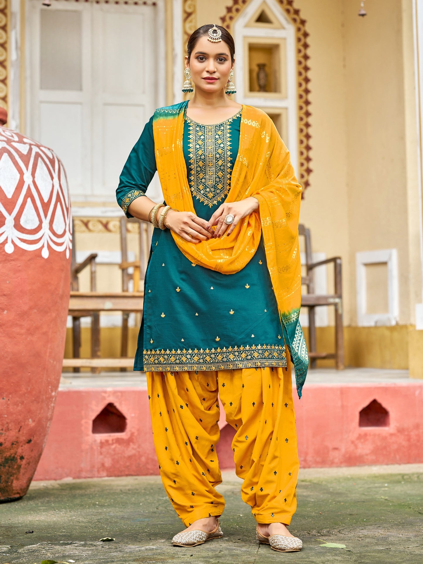 Gadhwal Silk with Heavy Embroidery Sequence Work Patiala Suit