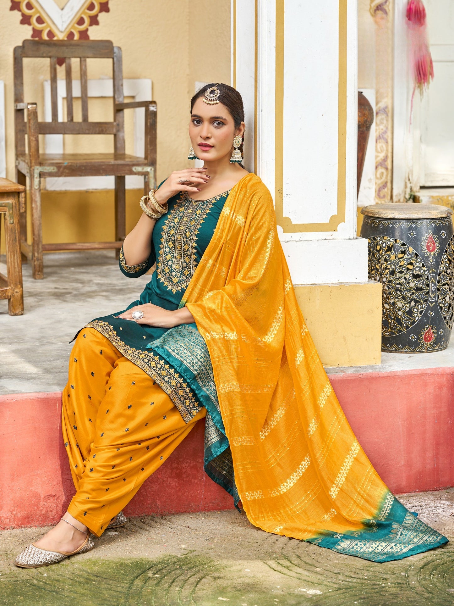 Gadhwal Silk with Heavy Embroidery Sequence Work Patiala Suit