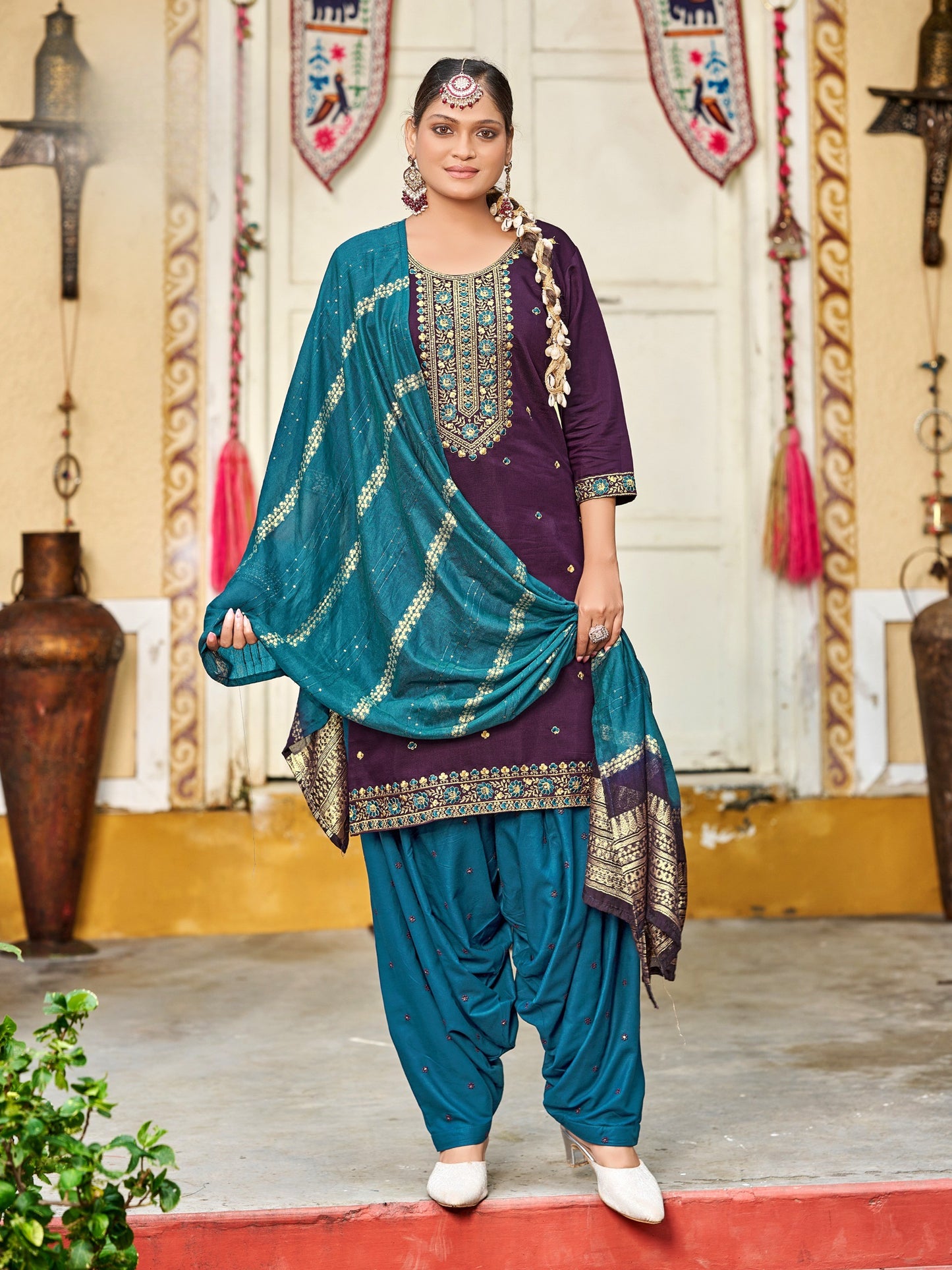 Gadhwal Silk with Heavy Embroidery Sequence Work Patiala Suit