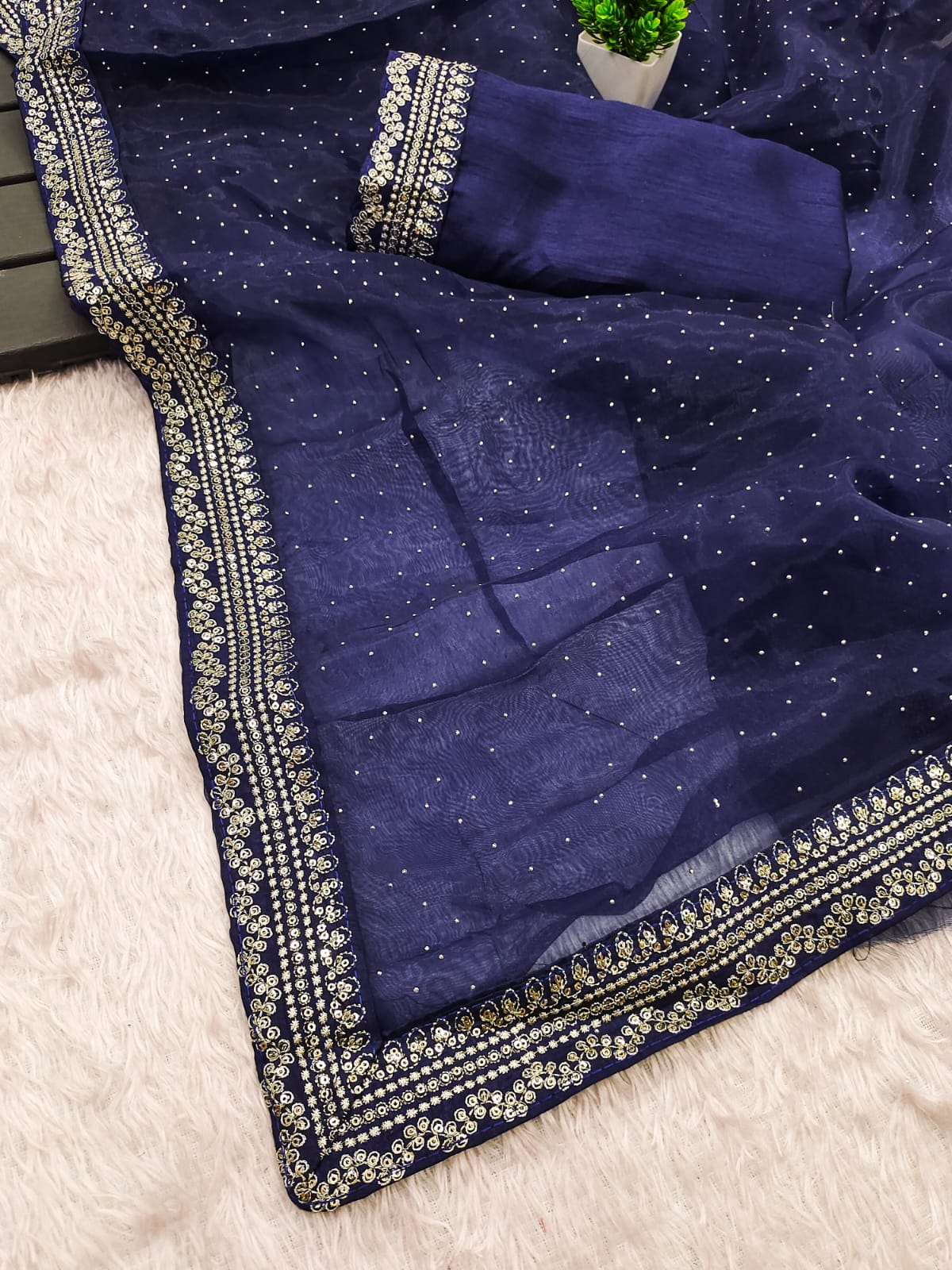 Designer Organza Saree with Sequins, Thread Lace Border and Diamond Work