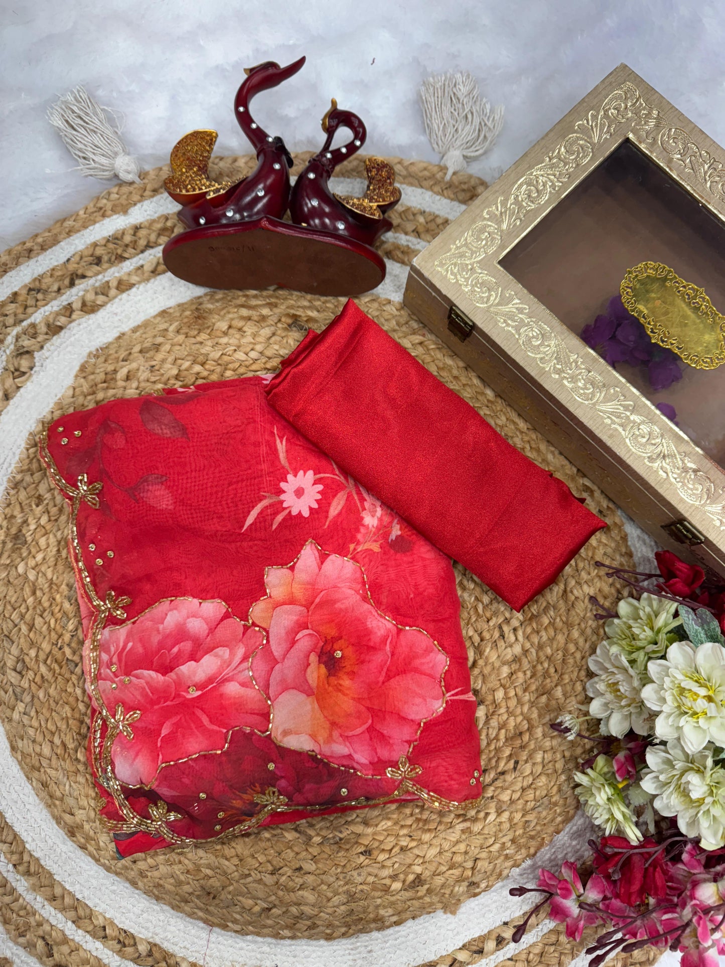 Floral Print Tabby Silk Saree with Katdana work  with Satin Blouse