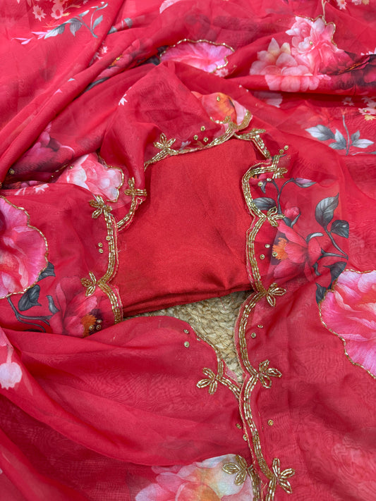 Floral Print Tabby Silk Saree with Katdana work  with Satin Blouse