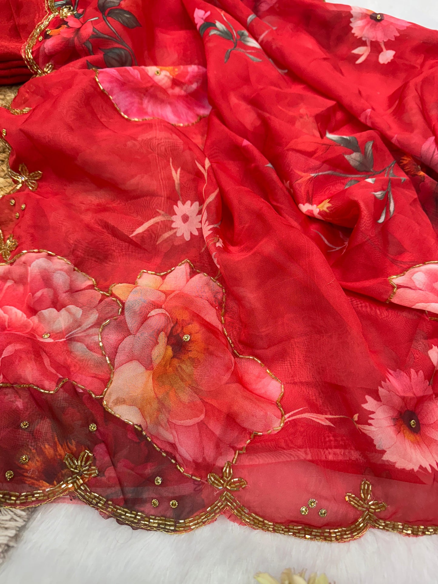 Floral Print Tabby Silk Saree with Katdana work  with Satin Blouse