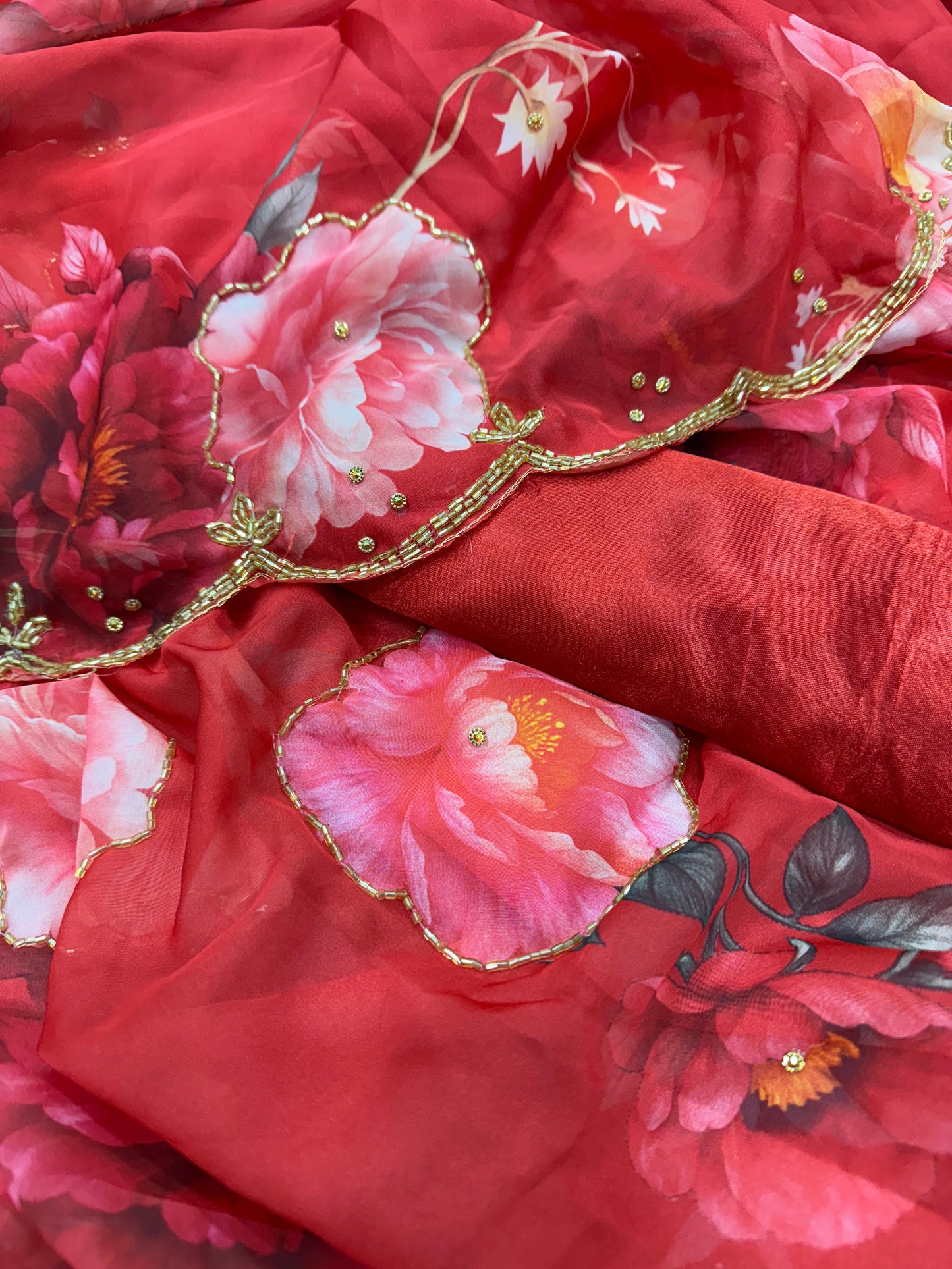 Floral Print Tabby Silk Saree with Katdana work  with Satin Blouse