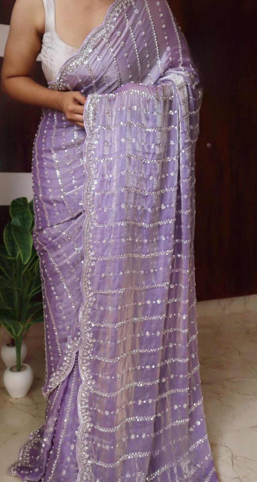 Designer Space Silk Saree With Heavy Bead And Sequin work