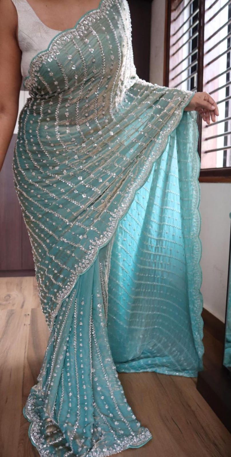 Designer Space Silk Saree With Heavy Bead And Sequin work