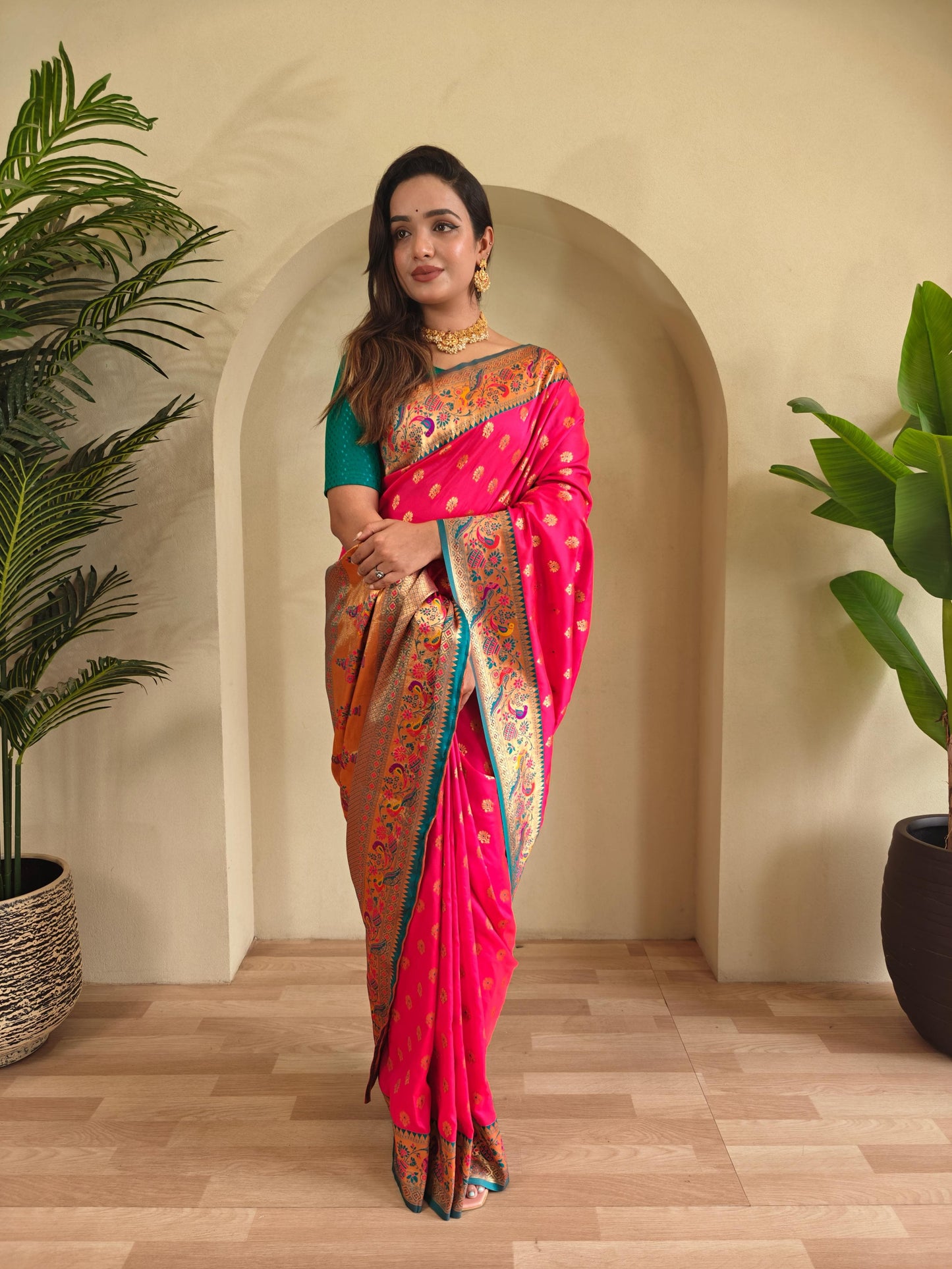 Banarasi Pure Katan Silk Saree with Paithani Style Borders and Zari Buttas