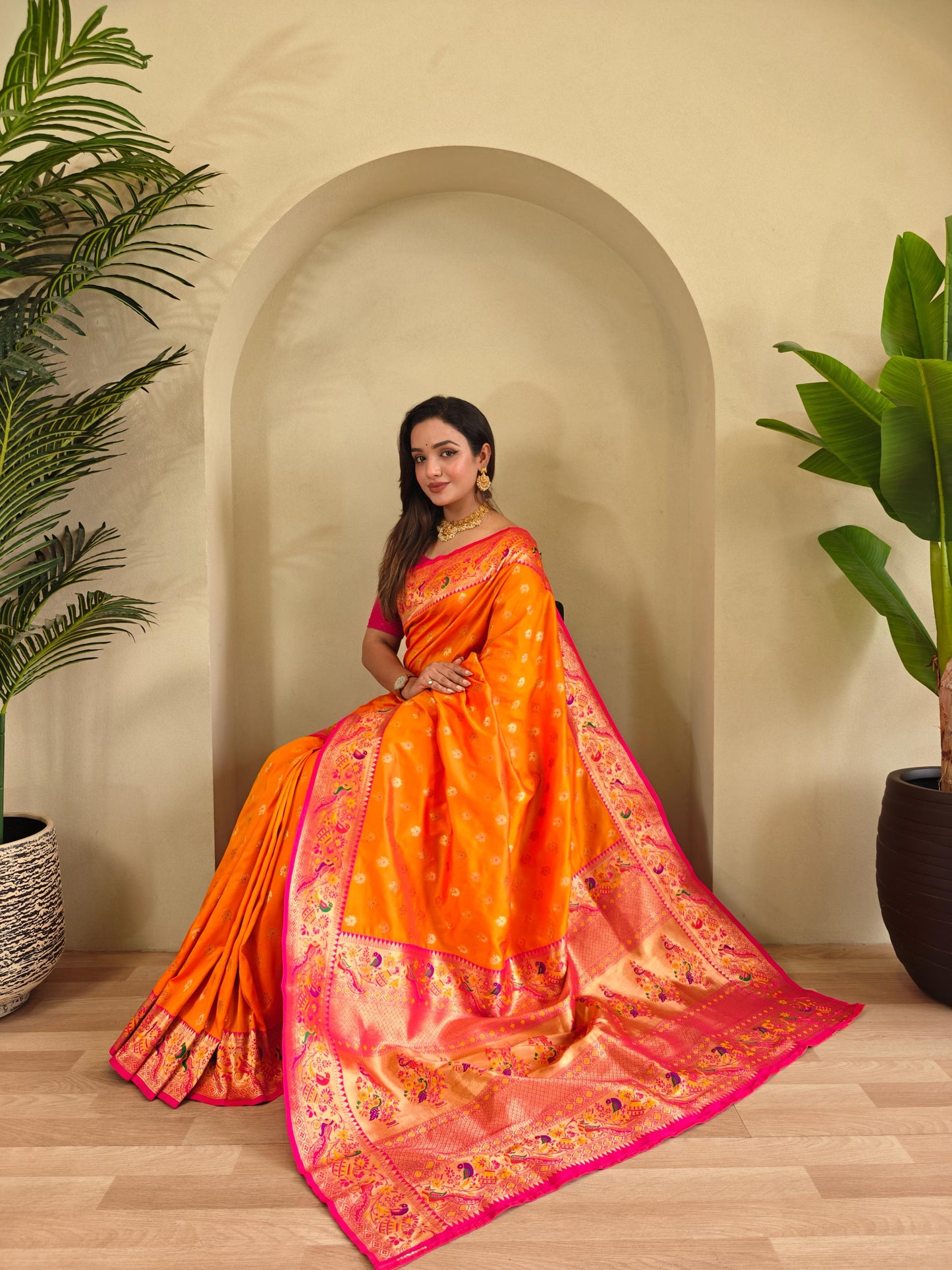 Banarasi Pure Katan Silk Saree with Paithani Style Borders and Zari Buttas