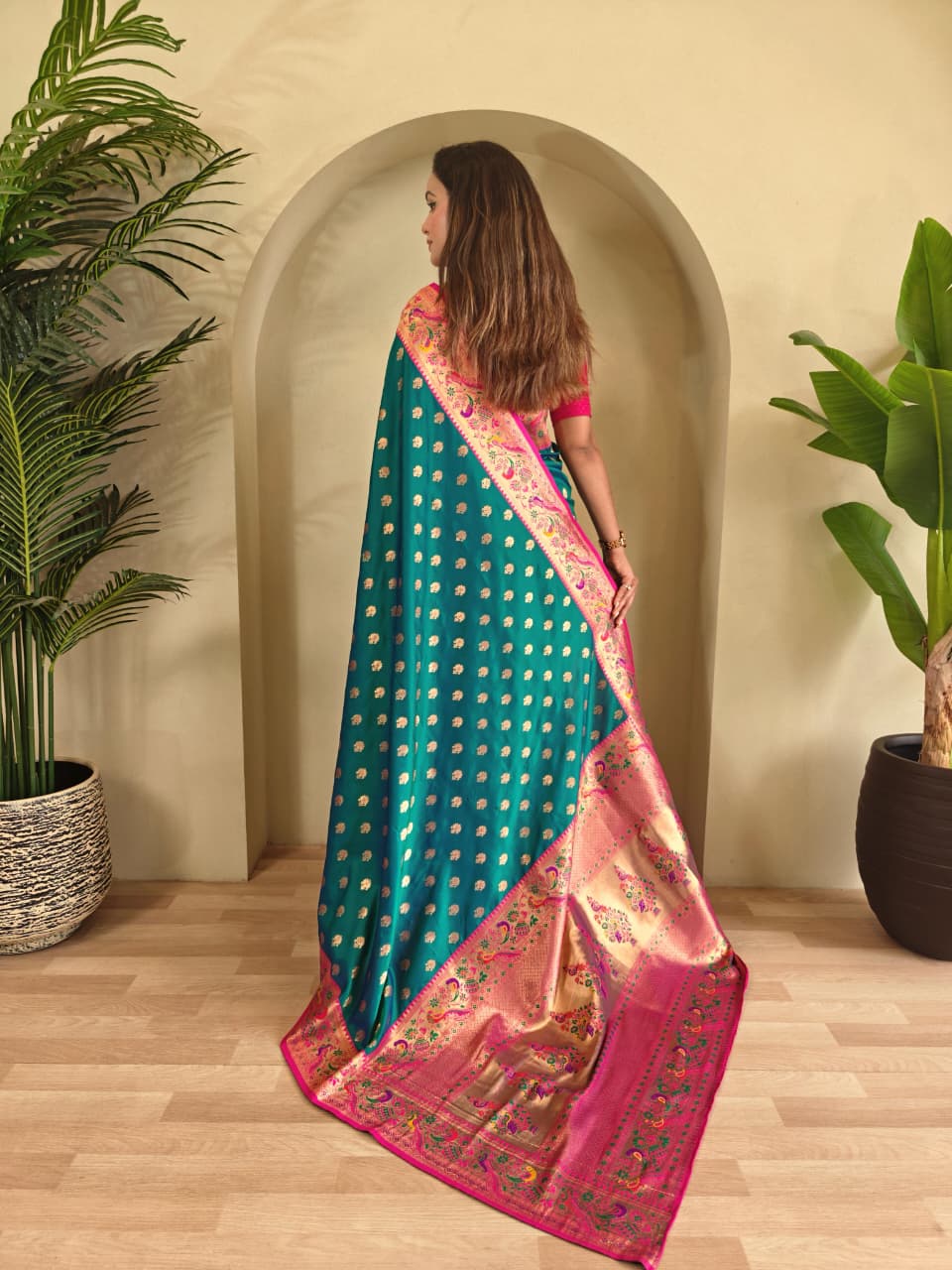 Banarasi Pure Katan Silk Saree with Paithani Style Borders and Zari Buttas