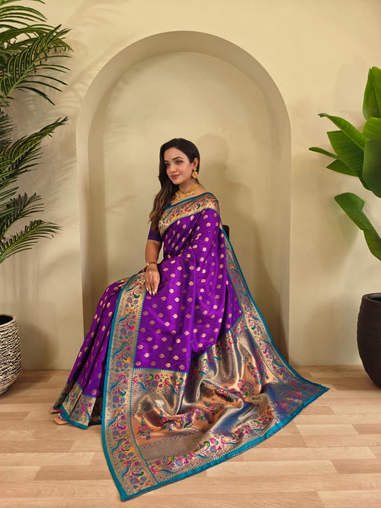 Banarasi Pure Katan Silk Saree with Paithani Style Borders and Zari Buttas