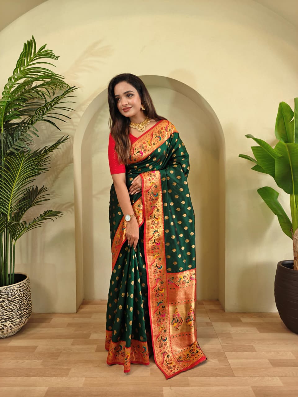 Banarasi Pure Katan Silk Saree with Paithani Style Borders and Zari Buttas
