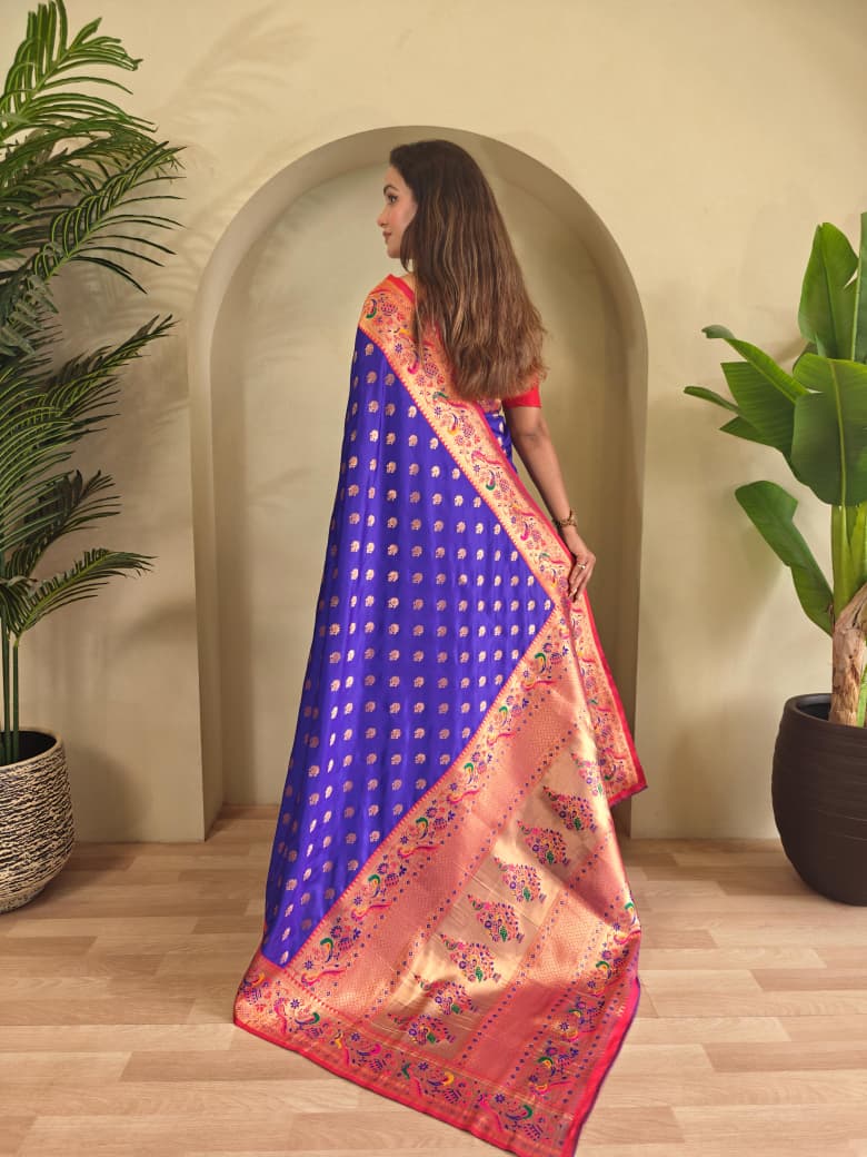 Banarasi Pure Katan Silk Saree with Paithani Style Borders and Zari Buttas