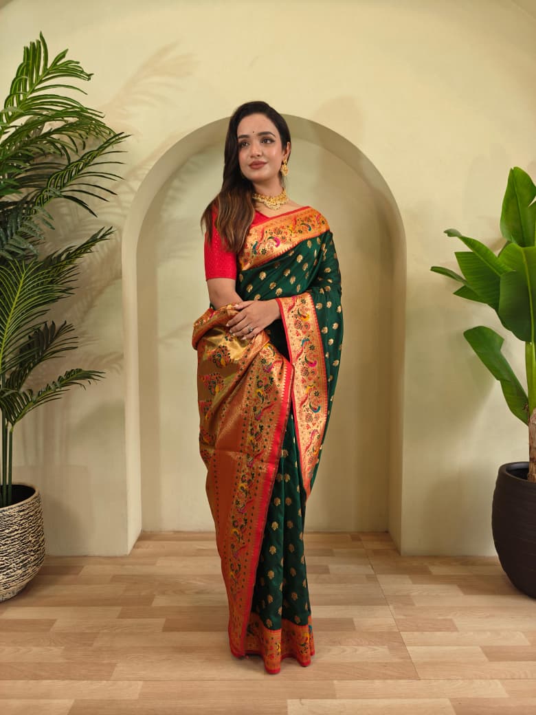 Banarasi Pure Katan Silk Saree with Paithani Style Borders and Zari Buttas