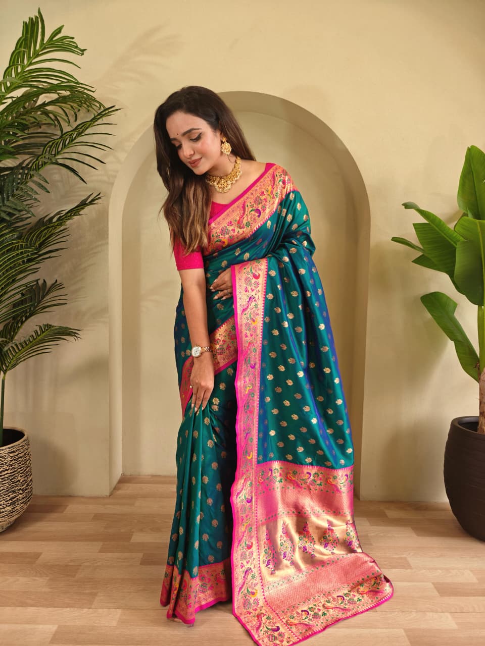 Banarasi Pure Katan Silk Saree with Paithani Style Borders and Zari Buttas