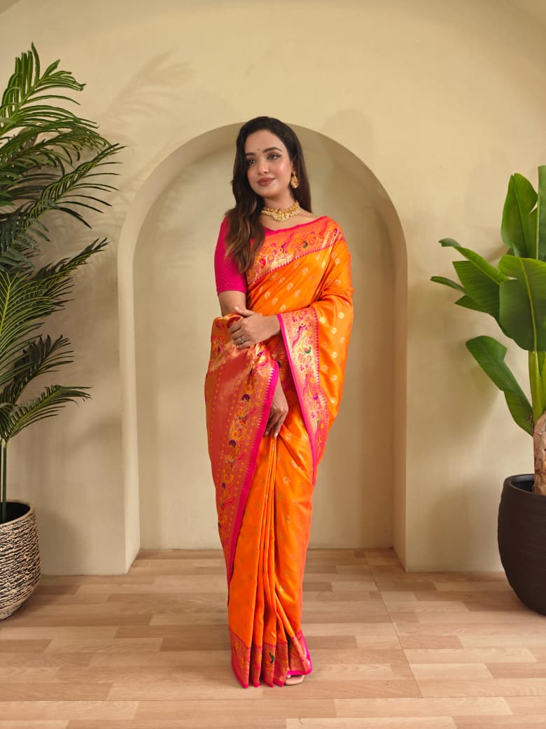 Banarasi Pure Katan Silk Saree with Paithani Style Borders and Zari Buttas
