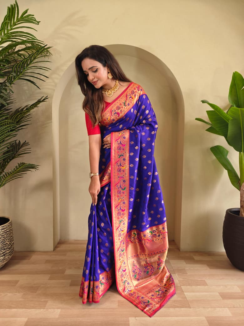 Banarasi Pure Katan Silk Saree with Paithani Style Borders and Zari Buttas