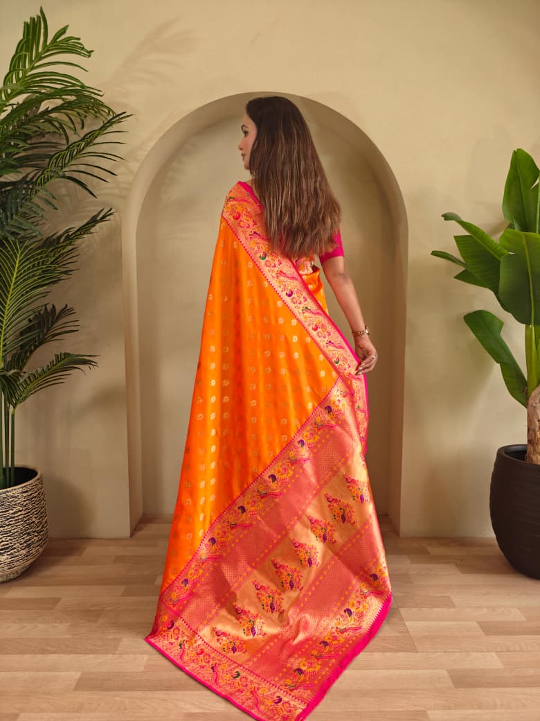 Banarasi Pure Katan Silk Saree with Paithani Style Borders and Zari Buttas