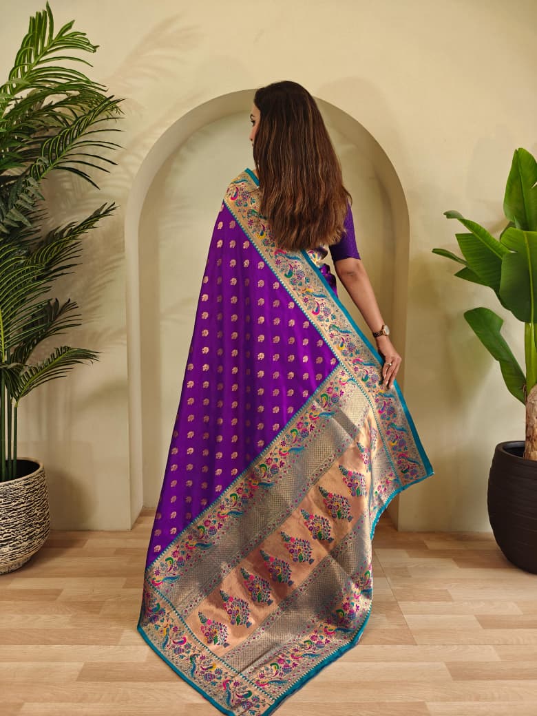 Banarasi Pure Katan Silk Saree with Paithani Style Borders and Zari Buttas
