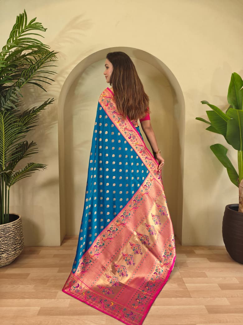 Banarasi Pure Katan Silk Saree with Paithani Style Borders and Zari Buttas
