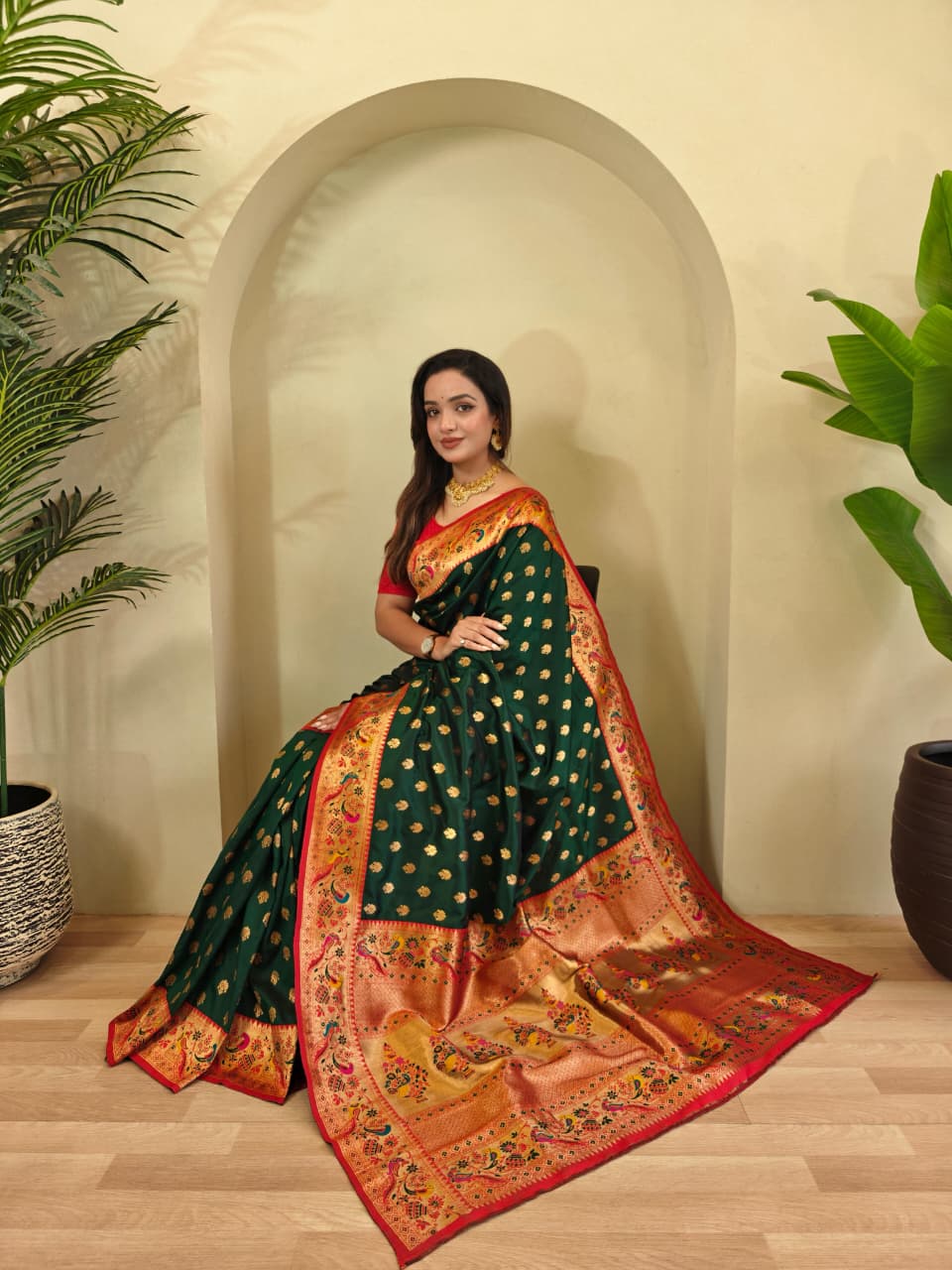 Banarasi Pure Katan Silk Saree with Paithani Style Borders and Zari Buttas