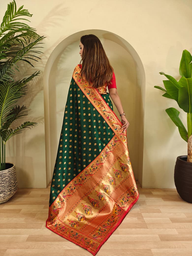 Banarasi Pure Katan Silk Saree with Paithani Style Borders and Zari Buttas