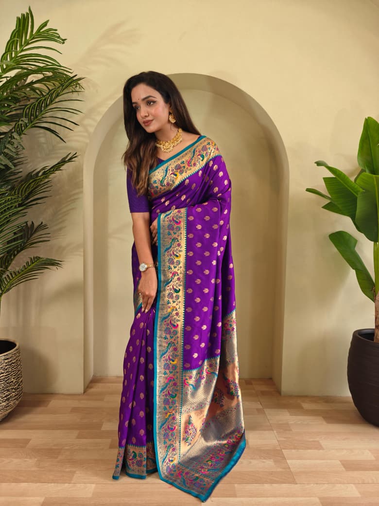 Banarasi Pure Katan Silk Saree with Paithani Style Borders and Zari Buttas