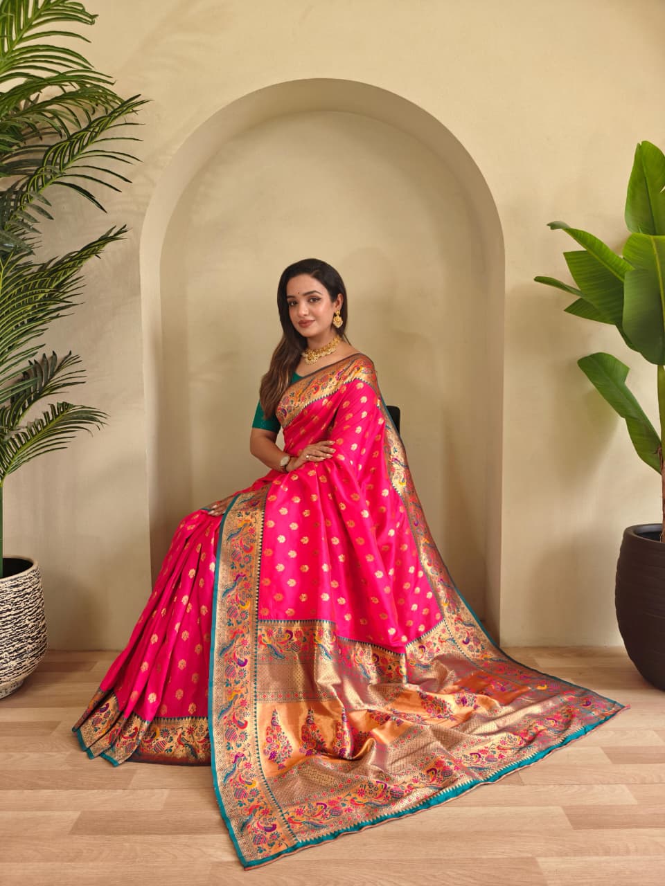 Banarasi Pure Katan Silk Saree with Paithani Style Borders and Zari Buttas