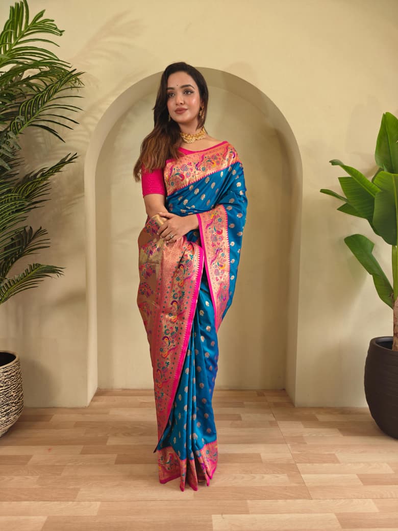 Banarasi Pure Katan Silk Saree with Paithani Style Borders and Zari Buttas