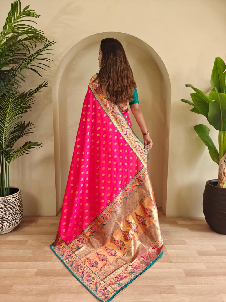 Banarasi Pure Katan Silk Saree with Paithani Style Borders and Zari Buttas