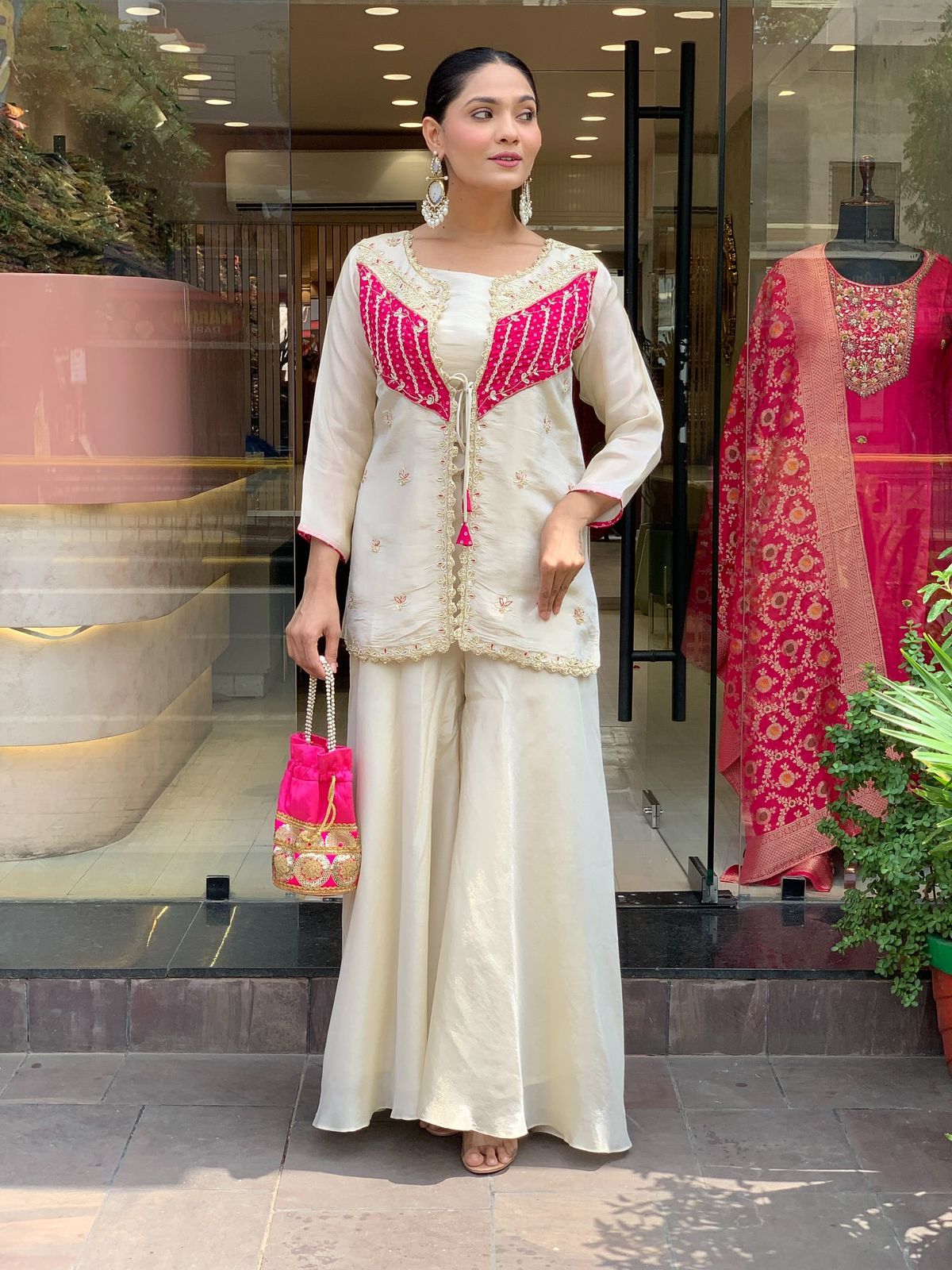 Roman Silk With Embroidery Sequence  Cord Set