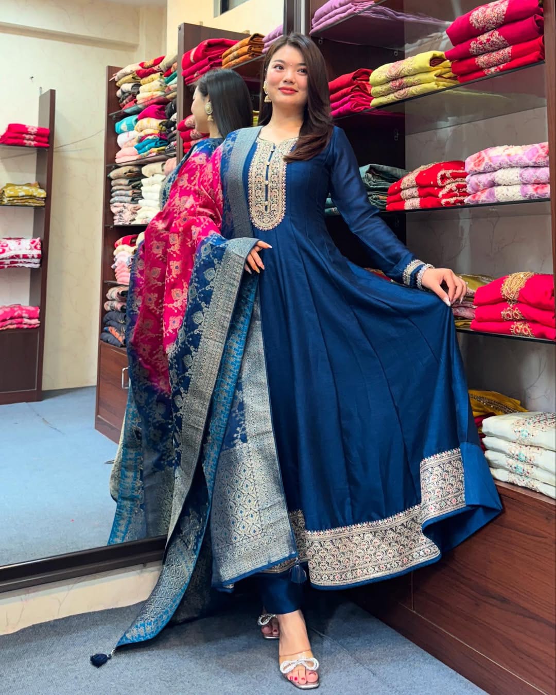 Designer Banana Silk With Golden Zari Work Anarkali Kurti Set