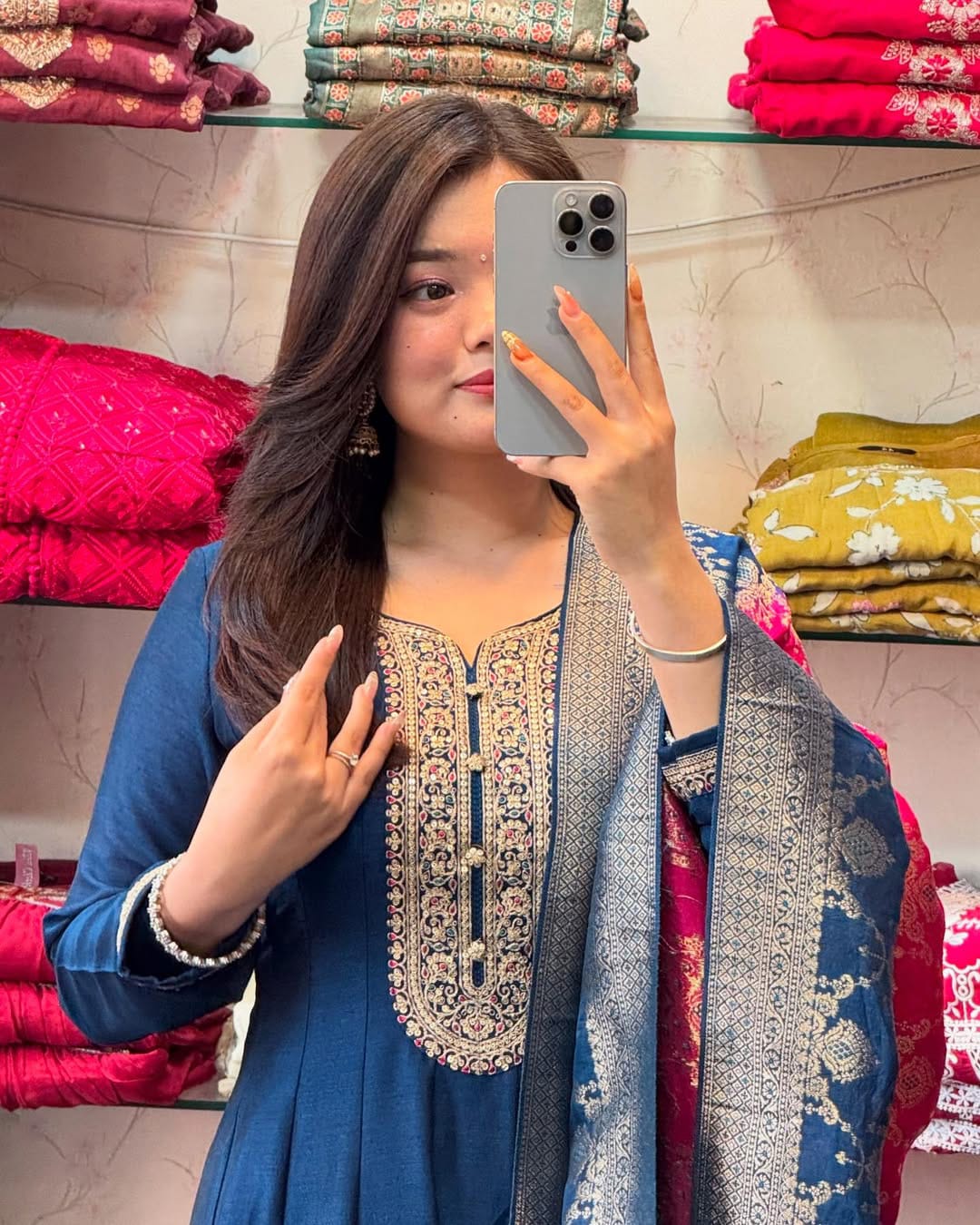 Designer Banana Silk With Golden Zari Work Anarkali Kurti Set