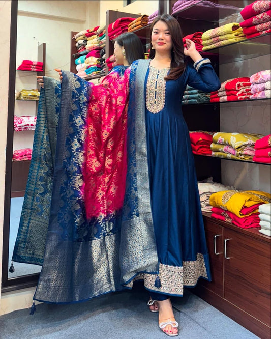 Designer Banana Silk With Golden Zari Work Anarkali Kurti Set