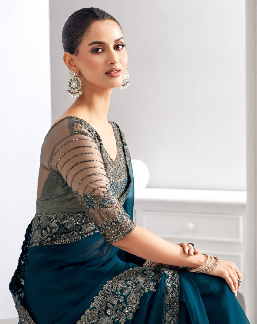 Heavy Embroidered Lace Border Saree with Sequins