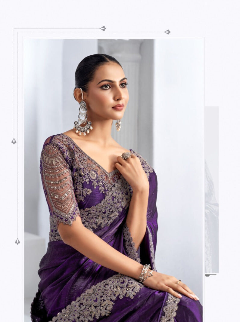 Heavy Embroidered Lace Border Saree with Sequins