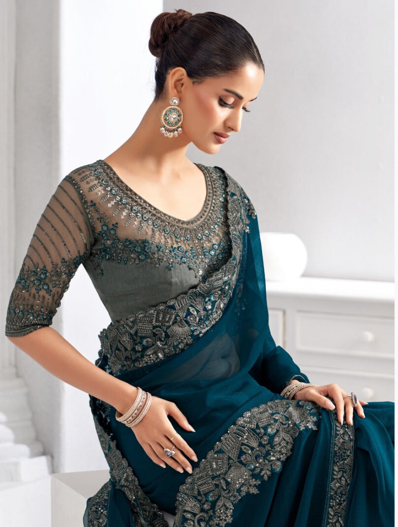 Heavy Embroidered Lace Border Saree with Sequins