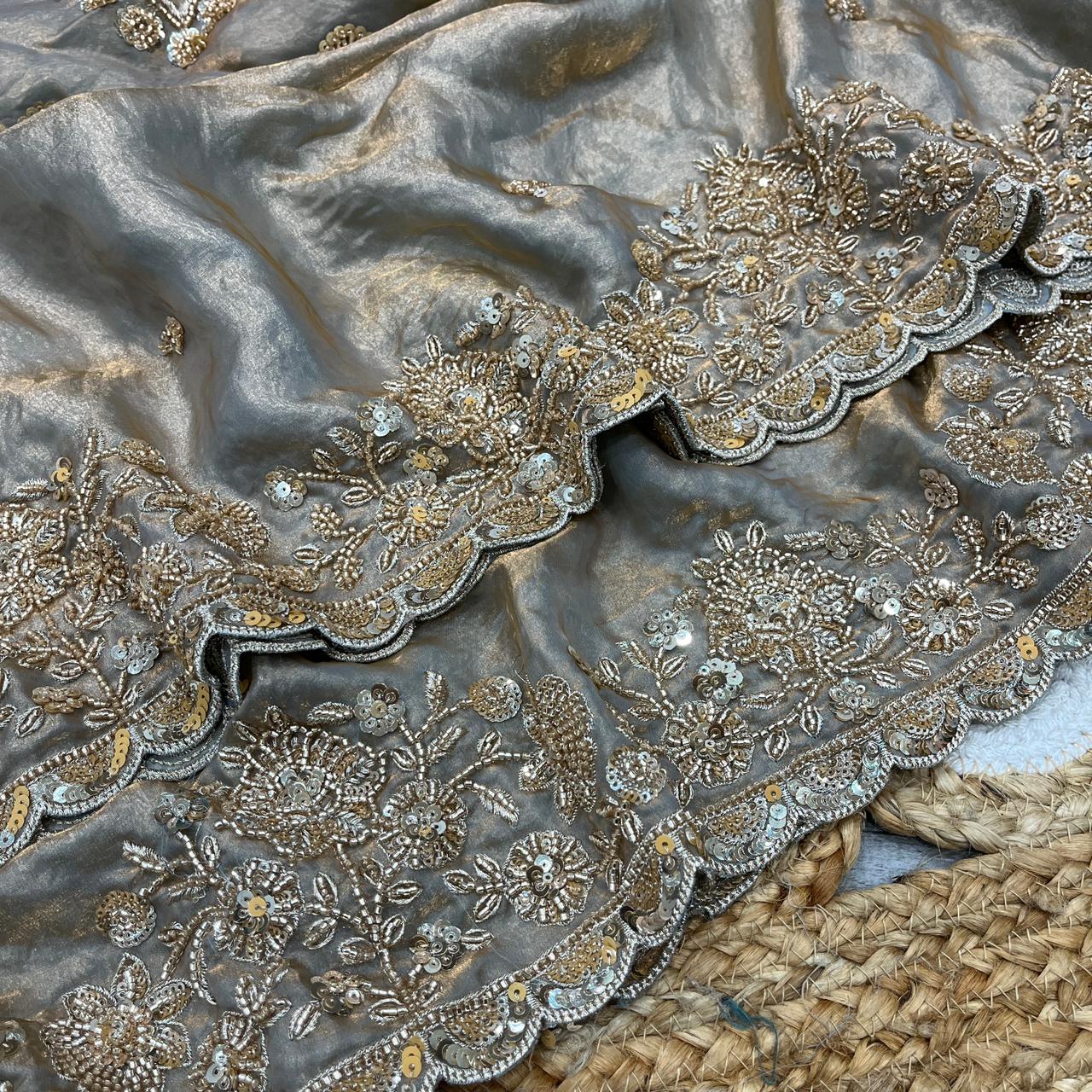 Pure Space Silk Saree in Velvet Shine Adorned with Exquisite Handwork Detailing