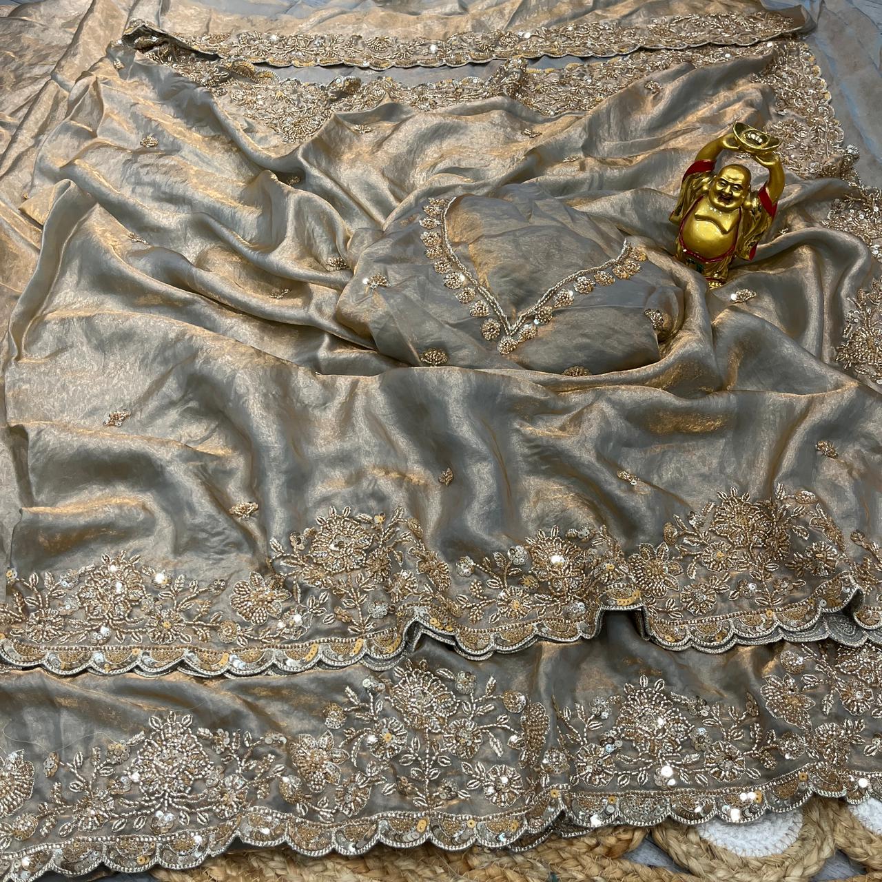 Pure Space Silk Saree in Velvet Shine Adorned with Exquisite Handwork Detailing