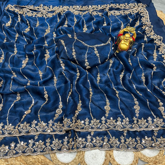 Embroidered pure space silk saree ,Velvet Shine, Sequence & Cutdana Handwork