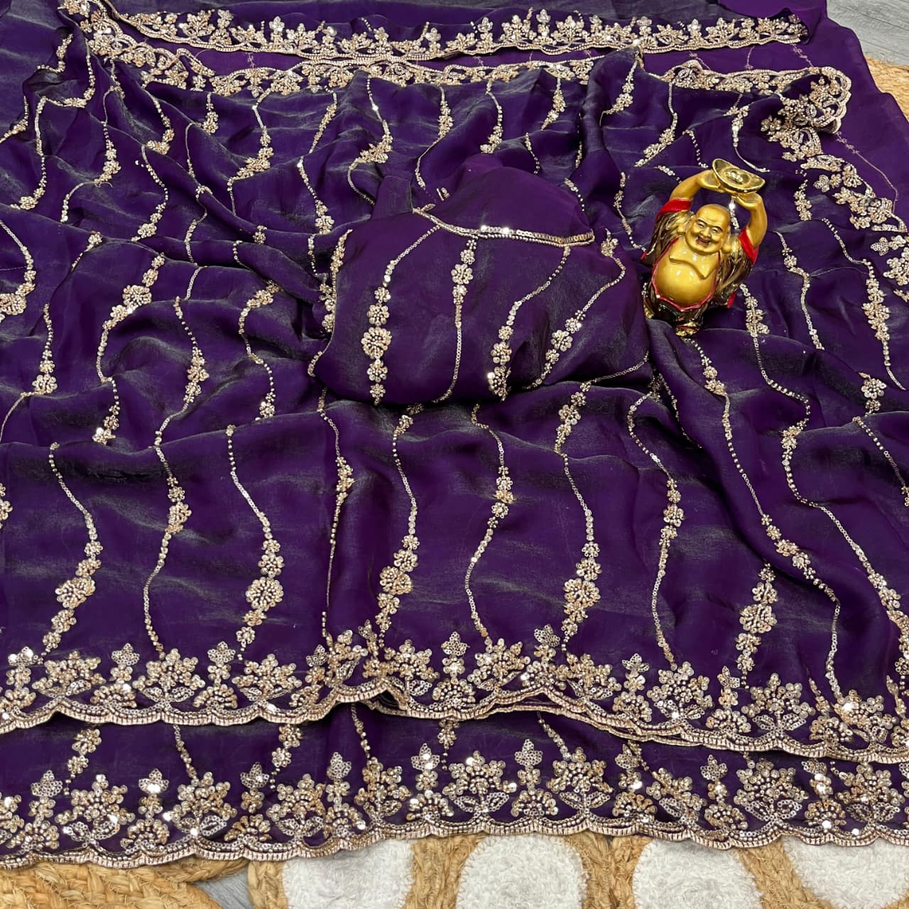Embroidered pure space silk saree ,Velvet Shine, Sequence & Cutdana Handwork