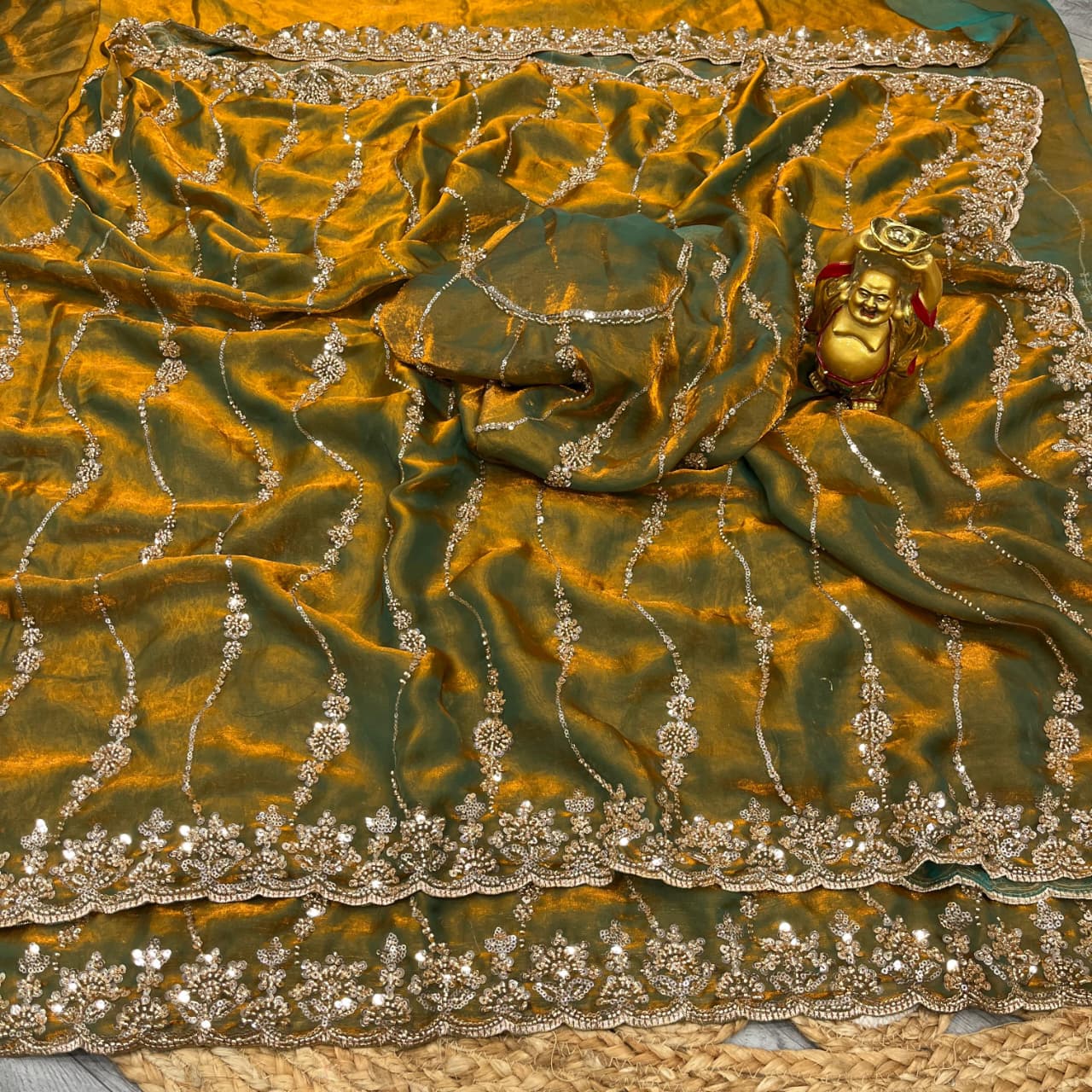 Embroidered pure space silk saree ,Velvet Shine, Sequence & Cutdana Handwork