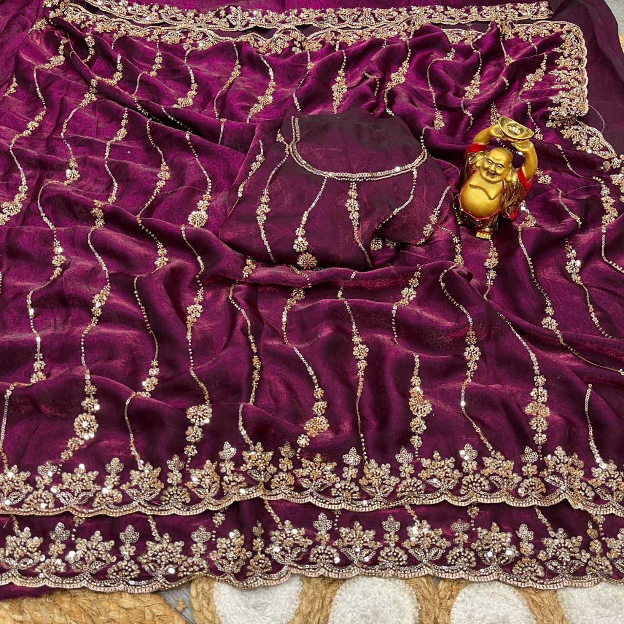 Embroidered pure space silk saree ,Velvet Shine, Sequence & Cutdana Handwork
