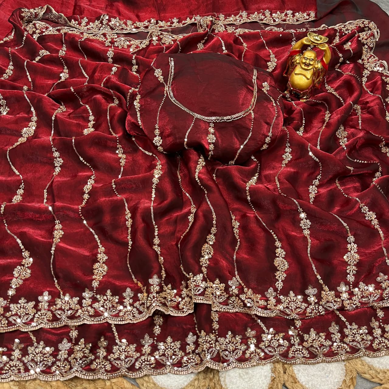 Embroidered pure space silk saree ,Velvet Shine, Sequence & Cutdana Handwork