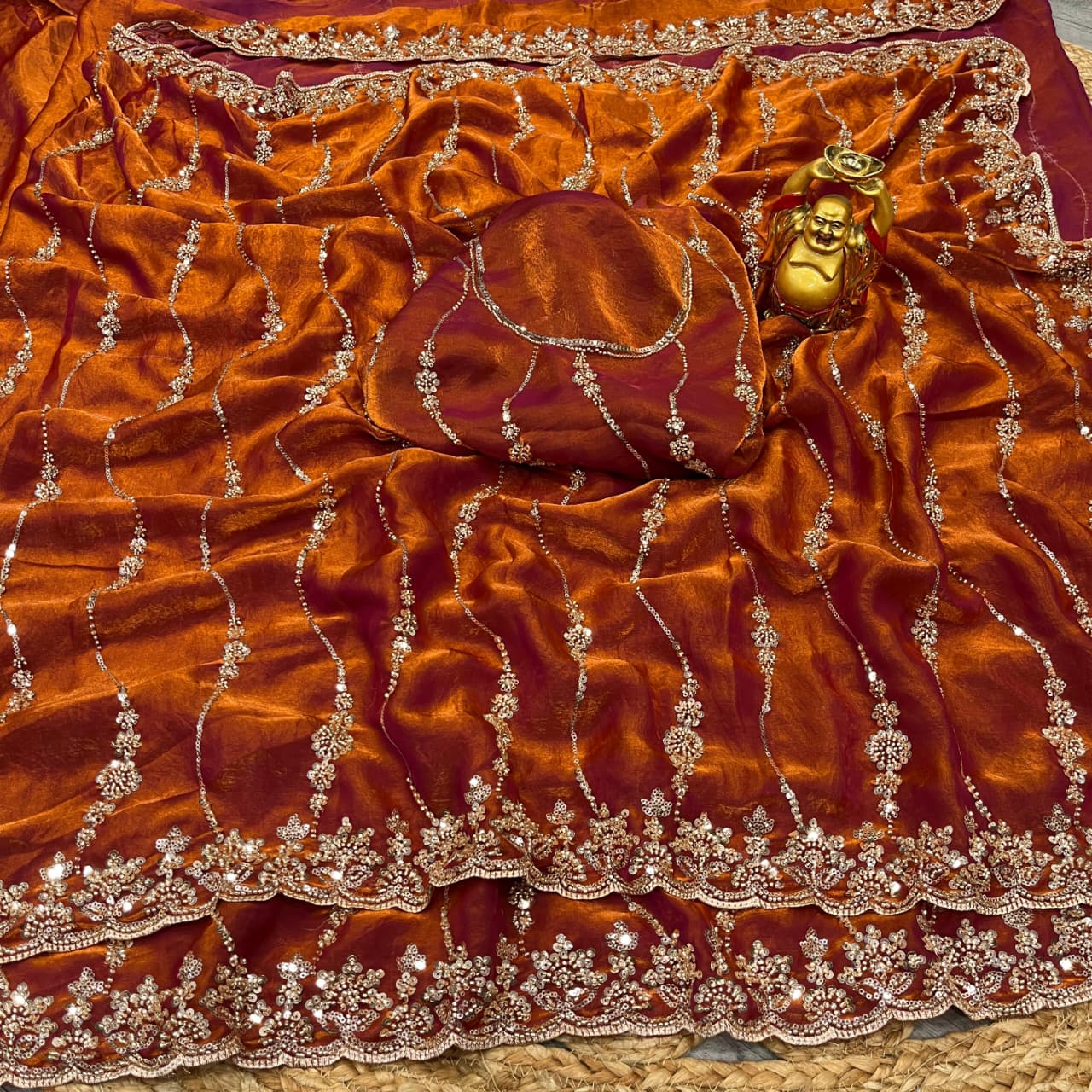 Embroidered pure space silk saree ,Velvet Shine, Sequence & Cutdana Handwork