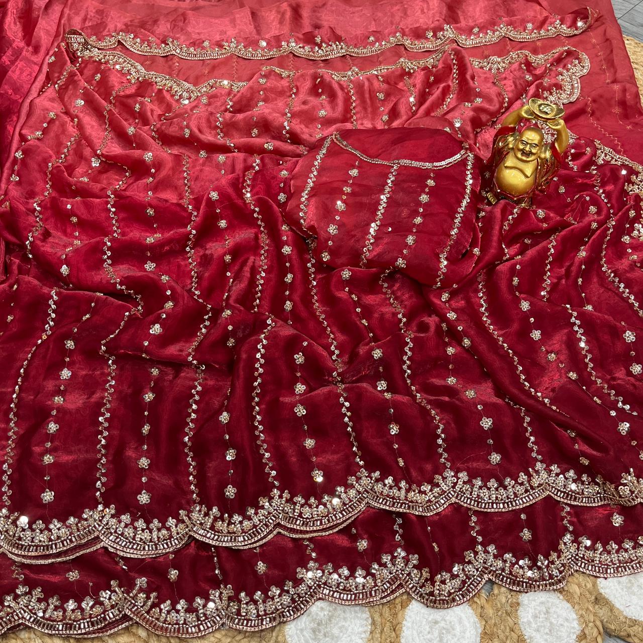 Embroidered pure space silk saree ,Velvet Shine, Sequence & Cutdana Handwork
