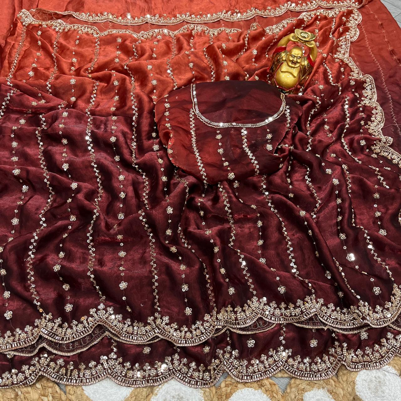 Embroidered pure space silk saree ,Velvet Shine, Sequence & Cutdana Handwork