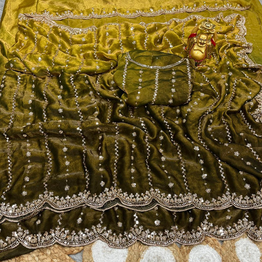 Embroidered pure space silk saree ,Velvet Shine, Sequence & Cutdana Handwork