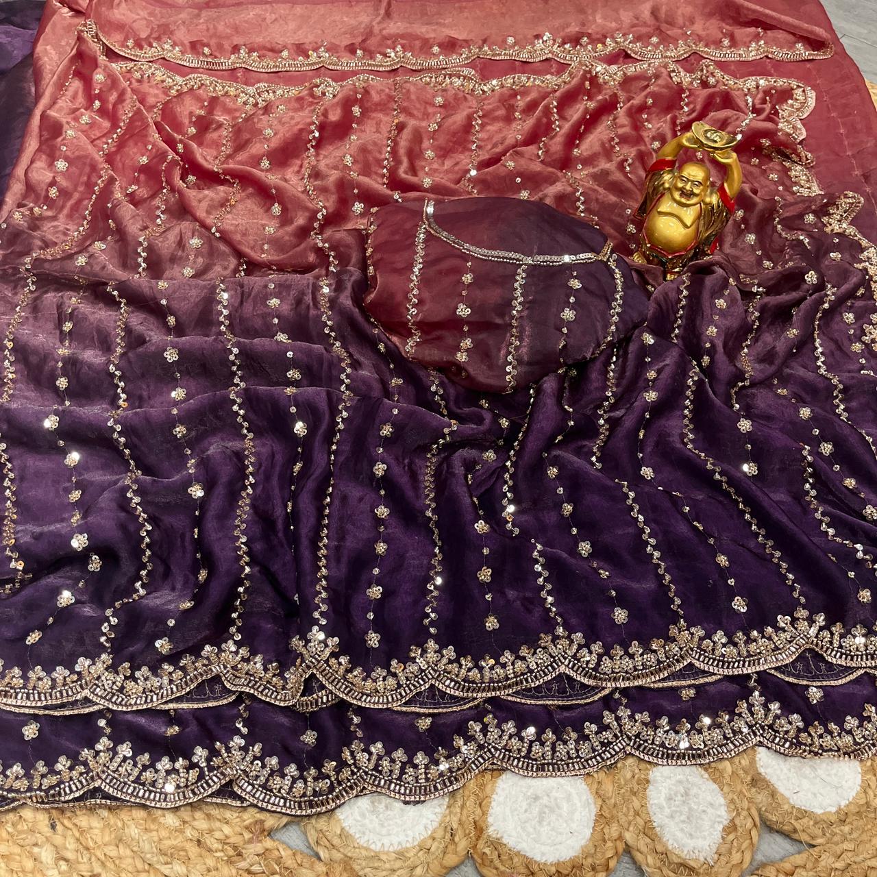 Embroidered pure space silk saree ,Velvet Shine, Sequence & Cutdana Handwork