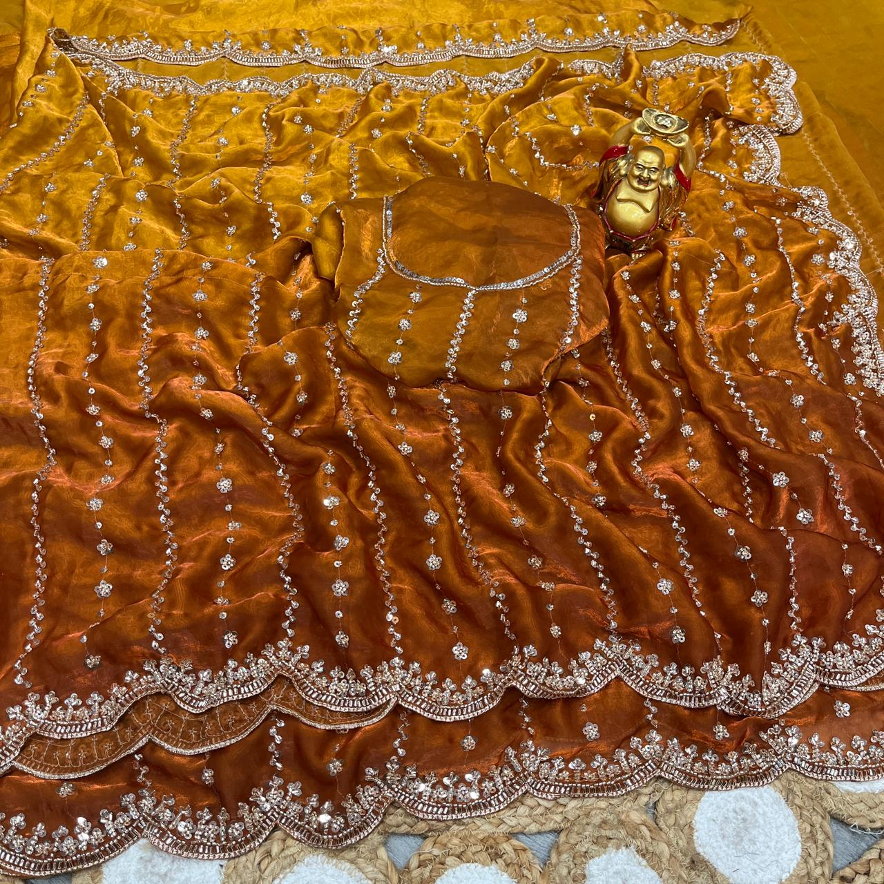 Embroidered pure space silk saree ,Velvet Shine, Sequence & Cutdana Handwork